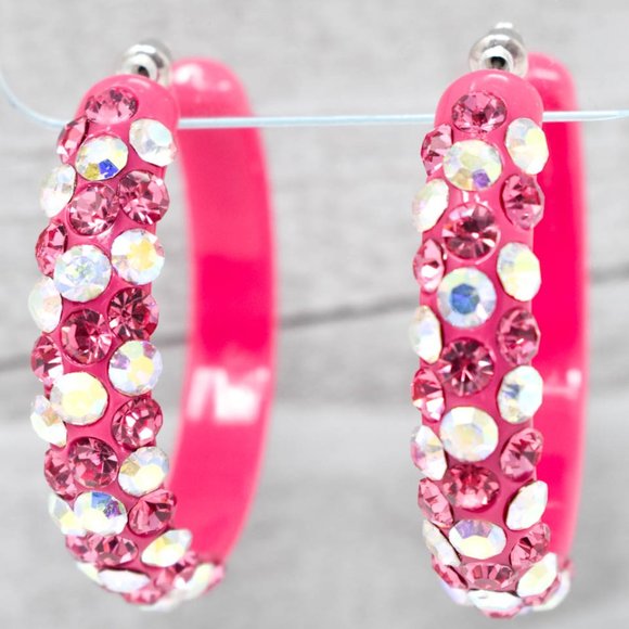 2" Pink Diagonal AB/Pink Rhinestones Hoop Earrings - Picture 6 of 9